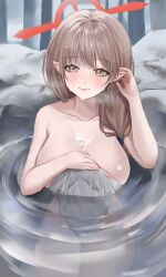 Rule 34 | 1girl, absurdres, blue archive, breasts, brown hair, chinatsu (blue archive), closed mouth, collarbone, covering privates, halo, hand in own hair, hand up, highres, large breasts, light smile, long hair, looking at viewer, nude cover, onsen, partially submerged, pointy ears, rock, sitting, solo, water, wet, wet towel, xu wen (bbb2822828), yellow eyes