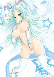Rule 34 | 1girl, ;), animal ears, blue eyes, boots, borrowed character, breasts, covered erect nipples, covering privates, covering crotch, female focus, forehead jewel, gaia online, hair ornament, janong, large breasts, legs apart, long hair, looking at viewer, mouth hold, navel, nude, one eye closed, original, partially visible vulva, pasties, rabbit ears, smile, solo, sponty, thigh boots, thighhighs, thighs, unaligned breasts, white hair, white thighhighs