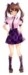 Rule 34 | 1girl, absurdres, bow, brown eyes, brown hair, closed mouth, full body, hair between eyes, hat, highres, himekaidou hatate, kaede (mmkeyy), looking at viewer, plaid, plaid skirt, purple skirt, shirt, simple background, skirt, solo, standing, touhou, twintails, white background