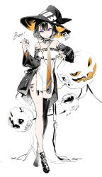 Rule 34 | 1girl, barcode, barcode tattoo, black footwear, black hair, black hat, claw pose, closed mouth, creature, detached sleeves, dress, english text, full body, happy halloween, hat, head tilt, highres, hoojiro, jack-o&#039;-lantern, long sleeves, looking at viewer, mole, mole under eye, necktie, no nose, orange necktie, original, pelvic curtain, pumpkin, purple eyes, shoes, short dress, simple background, single thighhigh, smile, solo, tattoo, thighhighs, white background, white dress, witch hat