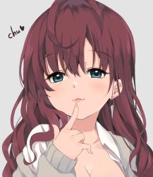 Rule 34 | 1girl, :3, bad id, bad pixiv id, blue eyes, blush, breasts, brown hair, cleavage, earrings, finger to mouth, fingernails, grey background, ichinose shiki, idolmaster, idolmaster cinderella girls, jewelry, kirarin369, lips, long fingernails, long hair, looking at viewer, open clothes, open shirt, parted lips, shirt, simple background, smile, solo, sound effects, upper body, wavy hair