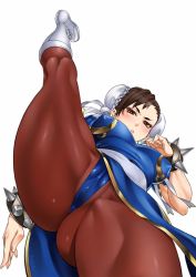 Rule 34 | 1girl, :&lt;, blush, bracelet, breasts, bun cover, capcom, china dress, chinese clothes, chun-li, covered erect nipples, crotch, double bun, dress, eyebrows, female focus, jewelry, looking at viewer, pantyhose, simple background, solo, spiked bracelet, spikes, spread legs, street fighter, thick thighs, thighs, white background, zonda (solid air), zonder