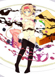 Rule 34 | 1girl, alice margatroid, black pantyhose, blonde hair, blue eyes, blueberry, breasts, cake, censored, chocolate, cleavage, clothes pull, convenient censoring, eightman, female focus, food, fruit, hairband, in food, large breasts, lying, mini person, minigirl, navel, nude, on back, pantyhose, pantyhose pull, plate, short hair, solo, strawberry, touhou, underboob, whipped cream