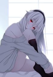 Rule 34 | 1girl, aphilia (kiyomin), bare shoulders, blush, fang, graphite (medium), hairband, highres, kiyomin, long hair, looking at viewer, original, pointy ears, red eyes, solo, sweater, traditional media, vampire, white hair, window