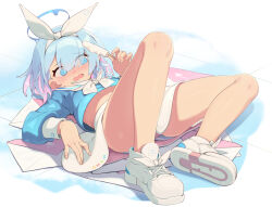 Rule 34 | 1girl, arona (blue archive), bare legs, blue archive, blue eyes, blue hair, blue halo, blue panties, blue serafuku, blue shirt, blush, bow, bow hairband, braid, breasts, colored inner hair, commentary, english commentary, food, footwear ribbon, full body, hair ribbon, hairband, halo, highres, holding, holding food, holding popsicle, knees up, light blue hair, long bangs, long sleeves, lying, miniskirt, multicolored hair, on back, open mouth, panties, pantyshot, pink hair, popsicle, puffy long sleeves, puffy sleeves, ribbon, sailor collar, saliva, saliva trail, school uniform, serafuku, sgt-jz, shirt, shirt bow, shoes, short hair, side braid, single braid, skirt, small breasts, sneakers, solo, striped clothes, striped panties, two-tone hair, underwear, variant set, white bow, white footwear, white hairband, white ribbon, white sailor collar, white skirt