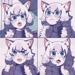 Rule 34 | 1girl, :&lt;, absurdres, animal ears, blue eyes, bobamiruku, cat ears, cat girl, closed mouth, colored skin, furry, furry female, highres, open mouth, original, photo-referenced, short hair, teeth, tongue, tongue out, upper body, whiskers, white hair, white skin