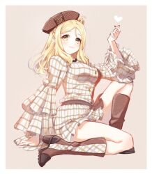 Rule 34 | 1girl, arm support, blonde hair, boots, braid, breasts, brown footwear, brown headwear, checkered clothes, checkered headwear, commentary, dress, full body, grey dress, hand up, heart, highres, knee boots, knee up, light brown background, long hair, love live!, love live! sunshine!!, medium breasts, nakaya rei, ohara mari, on one knee, plaid, plaid dress, short dress, sitting, solo, symbol-only commentary, wide sleeves, yellow eyes