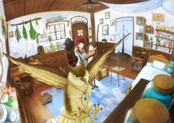 Rule 34 | 1girl, bad id, bad pixiv id, bed, bedroom, bird, black hat, blouse, book, bookshelf, broom, broom riding, cactus, cage, clock, collared shirt, desk, door, fantasy, fisheye, flower, from above, gensuke (ryun), hat, highres, holding, holding book, indoors, inkwell, jar, key, lantern, map, mirror, mushroom, neck ribbon, open mouth, original, owl, paper, pentagram, perspective, phone, photo (object), picture frame, pillow, plant, plate, pointing, potted plant, purple eyes, quill, red hair, ribbon, room, roomscape, scenery, shadow, shirt, shoes, solo, standing, stuffed animal, stuffed bird, stuffed cat, stuffed giraffe, stuffed rabbit, stuffed toy, teddy bear, unworn hat, unworn headwear, unworn shoes, vial, vines, white shirt, window, witch, wooden floor