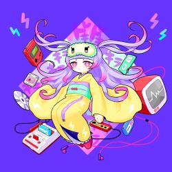 Rule 34 | 1girl, absurdres, blue background, blunt bangs, digital media player, earbuds, earphones, expressionless, floating, full body, hakuro96, handheld game console, highres, ipod, japanese clothes, kimono, light purple hair, long hair, long sleeves, looking at viewer, multicolored hair, nail polish, original, pink eyes, pink hair, pink nails, short eyebrows, sleep mask, solo, very long hair, wide sleeves, yellow kimono