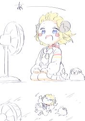 Rule 34 | 1girl, absurdres, animal ears, blonde hair, blown away, blue eyes, blush stickers, bow, chibi, chiisai, commentary request, fan speaking, highres, hololive, horns, open mouth, pleated skirt, seiza, sheep ears, sheep girl, sheep horns, simple background, sitting, skirt, translated, tsunomaki watame, virtual youtuber, watamate, white background