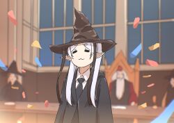 Rule 34 | 1girl, :3, absurdres, albus dumbledore, blurry, blurry background, closed eyes, confetti, crossover, elf, frieren, harry potter (series), hat, highres, indoors, kaai yuu, long hair, necktie, pointy ears, solo focus, sorting hat, sousou no frieren, trait connection, twintails, white hair, witch hat, wizarding world