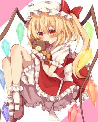 Rule 34 | 1girl, absurdres, ascot, back bow, blonde hair, bloomers, blush, bobby socks, bow, character name, closed mouth, crystal, dorowa (drawerslove), flandre scarlet, frilled skirt, frilled sleeves, frills, full body, hair between eyes, hat, highres, holding, holding stuffed toy, long hair, looking at viewer, mary janes, mob cap, multicolored wings, one side up, pink background, puffy short sleeves, puffy sleeves, red eyes, red footwear, red skirt, red vest, shirt, shoes, short sleeves, simple background, skirt, skirt set, socks, solo, stuffed animal, stuffed toy, teddy bear, touhou, underwear, vest, white background, white bloomers, white bow, white hat, white shirt, white socks, wings, yellow ascot