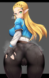 Rule 34 | 1girl, ass, ass grab, black gloves, black pants, blush, breasts, cameltoe, fingerless gloves, from behind, gloves, grabbing own ass, green eyes, grey background, heavy breathing, highres, huge ass, large breasts, long hair, long sleeves, looking at viewer, looking back, nintendo, pants, pointy ears, princess zelda, sidelocks, solo, steam, steaming body, the legend of zelda, the legend of zelda: breath of the wild, thick eyebrows, tight clothes, tight pants, wlcmt