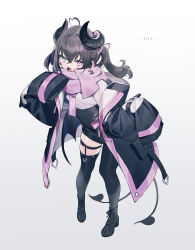 Rule 34 | 1girl, ahoge, black footwear, black hair, black jacket, black skirt, black thighhighs, boots, bukurote, commentary request, commission, cross-laced footwear, demon girl, demon horns, demon tail, fangs, full body, gradient background, grey background, grey eyes, hair between eyes, heart, heart ahoge, heterochromia, highres, horns, jacket, lace-up boots, long hair, long sleeves, off shoulder, open clothes, open jacket, open mouth, original, pink eyes, pink scarf, pixiv commission, scarf, single leg pantyhose, single thighhigh, skirt, sleeves past fingers, sleeves past wrists, solo, standing, tail, thighhighs, twintails, v-shaped eyebrows, white background