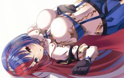 Rule 34 | 1girl, alear (female) (fire emblem), alear (fire emblem), black gloves, blue eyes, blue hair, bow, bowtie, braid, breasts, crown braid, fire emblem, fire emblem engage, gloves, heterochromia, highres, large breasts, long hair, looking at viewer, lying, multicolored hair, nintendo, on back, parted lips, red eyes, red hair, reia hana, solo, tiara, very long hair, watermark, white bow, white bowtie