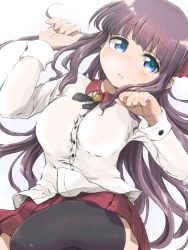 Rule 34 | 1girl, black thighhighs, blue eyes, breasts, buttons, closed mouth, collared shirt, frown, highres, large breasts, long hair, long sleeves, miniskirt, moyamu, new game!, pleated skirt, purple hair, red skirt, shirt, simple background, skirt, solo, takimoto hifumi, thighhighs, white background, white shirt, zettai ryouiki