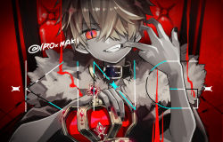 Rule 34 | 1boy, belt collar, blonde hair, cape, collar, commentary, crown, fangs, finger in own mouth, fur-trimmed cape, fur trim, grin, hand up, holding, holding crown, ironaki, kagamine len, king (vocaloid), limited palette, looking at viewer, male focus, nail polish, red background, red eyes, sitting, slit pupils, smile, song name, throne, twitter username, upper body, vocaloid