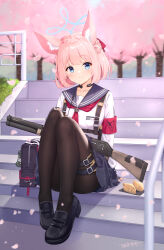 Rule 34 | 1girl, absurdres, animal ears, black pantyhose, blue archive, blue eyes, blurry, blurry background, bow, captain yina, cherry blossoms, collarbone, falling petals, flat chest, garter belt, gun, highres, long sleeves, looking at viewer, microphone, niko (blue archive), outdoors, pantyhose, petals, pink hair, red bow, school uniform, shadow, shirt, short hair, smile, solo, stairs, thigh strap, weapon, white shirt