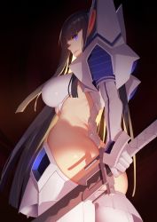 Rule 34 | 1girl, absurdres, ass, bakuzan, black background, black hair, blue eyes, boots, breasts, brown background, commentary, cowboy shot, epaulettes, eyebrows, from behind, from below, gradient background, high collar, high heels, highres, kamui (kill la kill), katana, kill la kill, kiryuuin satsuki, large breasts, long hair, looking at viewer, multicolored hair, rekaerb maerd, revealing clothes, scissor blade (kill la kill), serious, standing, sword, symbol-only commentary, thick eyebrows, thigh boots, thighhighs, thighs, two-tone hair, very long hair, weapon, white thighhighs
