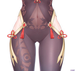 Rule 34 | 1girl, black bodysuit, bodystocking, bodysuit, cameltoe, genshin impact, gluteal fold, groin, head out of frame, highres, hip vent, layered clothes, lhp, lower body, navel, pixiv username, see-through, shenhe (genshin impact), simple background, solo, stomach, straight-on, tassel, thigh gap, thighs, white background