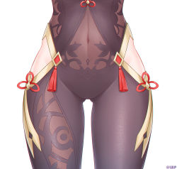 1girl black_bodysuit bodystocking bodysuit cameltoe chinese_knot genshin_impact gluteal_fold groin head_out_of_frame highres hip_vent layered_clothes lhp lower_body navel pixiv_username see-through_clothes shenhe_(genshin_impact) simple_background solo stomach straight-on tassel thigh_gap thighs white_background