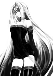 Rule 34 | 1girl, bad id, bad pixiv id, bare shoulders, blindfold, breasts, cleavage, collar, detached sleeves, fate/stay night, fate (series), greyscale, long hair, medusa (fate), medusa (rider) (fate), monochrome, solo, thighhighs, utsugi (skydream), very long hair, zettai ryouiki