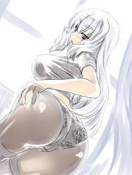 Rule 34 | 1girl, aged up, ass, black pantyhose, blunt bangs, blush, breasts, brown eyes, female focus, hakkai, hand on own hip, highres, hip focus, huge ass, kantai collection, large breasts, lipstick, long hair, looking at viewer, looking back, makeup, murakumo (kancolle), panties, pantyhose, sideboob, silver hair, solo, sweatdrop, thick thighs, thighs, underwear, very long hair, wide hips