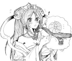 Rule 34 | 1girl, :o, alternate costume, animal, bare shoulders, breasts, character request, chinese clothes, cleavage, dress, female focus, greyscale, guqin sona, holding, holding animal, horns, jewelry, large breasts, league of legends, long hair, long sleeves, looking at another, monochrome, necklace, otani (kota12ro08), scarf, sheep, sheep horns, solo, sona (league of legends), twintails, white background