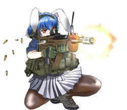 Rule 34 | 1girl, animal ears, assault rifle, belt, blue hair, blue jacket, bullpup, commentary request, cross-laced footwear, ear protection, firing, gloves, green gloves, grey background, grey footwear, grey skirt, gun, harness, holding, holding gun, holding weapon, iwi tavor, jacket, looking to the side, military, military operator, miniskirt, nakamura 3sou, pantyhose, pleated skirt, pouch, rabbit ears, red eyes, reisen, reisen (touhou bougetsushou), rifle, shell casing, shoes, short hair, skirt, sneakers, solo, squatting, thighhighs, touhou, utility belt, v-shaped eyebrows, weapon