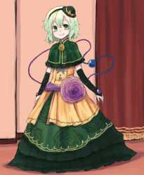 Rule 34 | 1girl, adapted costume, blush, capelet, commentary request, curtains, dress, dress flower, elbow gloves, eyeball, floral print, flower, frilled capelet, frills, full body, gloves, green capelet, green dress, green eyes, green gloves, green hairband, green headwear, hair between eyes, hairband, hat, hat ribbon, komeiji koishi, light green hair, long dress, looking at viewer, mini hat, neck flower, petticoat, purple flower, purple rose, ribbon, rose, rose print, short hair, smile, solo, standing, third eye, touhou, wavy hair, yellow flower, yellow ribbon, yellow rose, yunuki uta