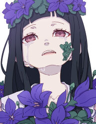 Rule 34 | 1girl, absurdres, bad anatomy, bad neck, black hair, blunt bangs, collarbone, crying, crying with eyes open, flower, hair flower, hair ornament, highres, houraisan kaguya, kame (kamepan44231), long hair, one-hour drawing challenge, open mouth, pink shirt, portrait, purple flower, red eyes, shirt, sidelocks, simple background, solo, tears, touhou, white background