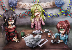 Rule 34 | 3girls, :t, ^ ^, birthday, black hair, blonde hair, blush, cake, chair, cigarette, closed eyes, cup, cyclops, eating, food, food on face, fork, green eyes, hand on own cheek, hand on own face, happy birthday, long hair, looking at viewer, low twintails, multiple girls, one-eyed, original, pastry box, plate, ponytail, ray-k, red eyes, red hair, signature, sitting, strawberry shortcake, striped clothes, striped sweater, sweater, table, twintails, wavy mouth