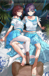 Rule 34 | 2girls, absurdres, arm support, asakura toru, ass, asymmetrical clothes, barefoot, belt, blue belt, blue eyes, blue nails, blue ribbon, blue skirt, blue tank top, blush, bracelet, breasts, brown hair, censored, clothed female nude male, cooperative footjob, crop top, cum, cum on body, cum on clothes, cum on feet, cum on legs, dark-skinned male, dark skin, earrings, feet, footjob, frown, grin, hair intakes, hair ornament, hair over eyes, hair over one eye, hair ribbon, hairclip, highres, higuchi madoka, idolmaster, idolmaster shiny colors, jewelry, kneeling, large penis, leg between thighs, legs, looking at viewer, lying, medium breasts, midriff, miniskirt, mole, mole under eye, mosaic censoring, multiple girls, nail polish, navel, neck ribbon, nude, on side, panties, parted bangs, penis, petals, pleated skirt, pov, puffy short sleeves, puffy sleeves, purple eyes, purple hair, ribbon, shirt, short hair, short sleeves, sitting, skirt, smile, soap bubbles, soles, striped clothes, striped panties, tank top, thighhighs, toenail polish, toenails, underwear, vertical-striped clothes, vertical-striped panties, white panties, white shirt, white tank top, x hair ornament, yuebaihezi