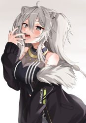 Rule 34 | 1girl, absurdres, ahoge, animal ears, bad id, bad pixiv id, bare shoulders, black nails, blush, breasts, cleavage, earrings, fangs, fur-trimmed jacket, fur trim, grey eyes, grey hair, hair between eyes, hand up, highres, hololive, jacket, jewelry, lion ears, lion girl, long hair, looking at viewer, medium breasts, moonbell, nail polish, necklace, open mouth, see-through, see-through cleavage, shirt, shishiro botan, shishiro botan (1st costume), sleeveless, sleeveless shirt, solo, tearing up, virtual youtuber, yawning