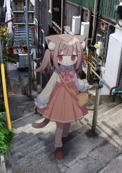 Rule 34 | 1girl, ahoge, animal ear fluff, animal ears, bag, blush, bow, bowtie, brown footwear, brown hair, cat ears, cat girl, cat tail, cherry hair ornament, commentary request, food-themed hair ornament, full body, hair ornament, high-waist skirt, highres, long sleeves, looking at viewer, medium hair, nakkar, open mouth, original, outdoors, photo background, plaid, plaid bow, plaid bowtie, pleated skirt, red bow, red bowtie, red eyes, red skirt, shirt, shoulder bag, skirt, socks, solo, tail, twintails, walking, white shirt, white socks, yellow bag