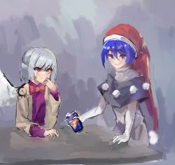 Rule 34 | 2girls, absurdres, blue hair, bow, bowtie, closed mouth, commeowdore, doremy sweet, dress, grey background, grey dress, grey hair, hat, highres, kishin sagume, long sleeves, multiple girls, red bull, short hair, short sleeves, smile, table, touhou, wings