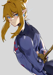 Rule 34 | 1boy, ass, bdsm, blue eyes, bondage, bound, bound wrists, closed mouth, earrings, from side, hair bun, jewelry, leopardtiger, link, looking at viewer, nintendo, pointy ears, restrained, rope, sheikah, sidelocks, simple background, skin tight, solo, the legend of zelda, the legend of zelda: breath of the wild, toned, toned male