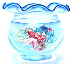 Rule 34 | 1girl, aqua eyes, aqua hair, fishbowl, hatsune miku, in container, japanese clothes, long hair, momomiya mion, solo, twintails, very long hair, vocaloid, water
