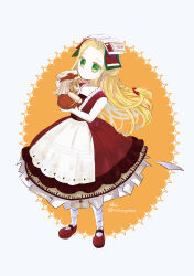 Rule 34 | 1girl, absurdres, apron, bandages, blonde hair, bow, braid, doll, dress, full body, green eyes, highres, holding, holding doll, identity v, long hair, looking at viewer, mary janes, memory (identity v), orange background, paper, red dress, red footwear, shoes, signature, sleeveless, solo, standing, twitter username, two-tone background, vermicul-um, white background