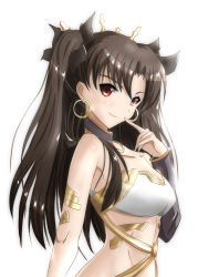 Rule 34 | 1girl, armpits, artist request, asymmetrical sleeves, bare arms, bare legs, bare shoulders, black detached sleeves, black hair, black ribbon, breasts, collar, detached sleeves, earrings, fate/grand order, fate (series), female focus, finger to mouth, gem, hair ribbon, highres, hoop earrings, ishtar (fate), jewelry, legs, long hair, looking at viewer, medium breasts, midriff, naughty face, neck, neck ring, pelvic curtain, red eyes, revealing clothes, ribbon, simple background, single sleeve, smile, solo, strapless, tohsaka rin, two side up, type-moon, uneven sleeves, white background