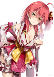 Rule 34 | 1girl, absurdres, ahoge, blush, breasts, bridal garter, cherry blossom print, cleavage, collarbone, detached sleeves, floral print, green eyes, hair ornament, hairclip, highres, hololive, long hair, looking at viewer, paw print, paw print pattern, pink hair, sakura miko, sakura miko (1st costume), solo, virtual youtuber, white background, x hair ornament, zuharu