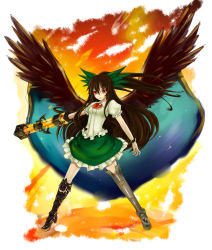 Rule 34 | 1girl, alternate weapon, arm cannon, asymmetrical footwear, bow, brown hair, cape, cheungchz, female focus, hair bow, long hair, mismatched footwear, red eyes, reiuji utsuho, solo, third eye, touhou, weapon, wings