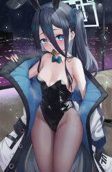 Rule 34 | 1girl, absurdres, animal ears, aris (blue archive), bare shoulders, black hair, black hair ornament, black hairband, black leotard, blue archive, blue eyes, blue hair, blue halo, blush, bow, bowtie, breasts, condom, condom in mouth, condom wrapper, covered navel, dark blue hair, detached collar, fake animal ears, flat chest, hair between eyes, hair ornament, hairband, halo, highres, jacket, jixo (user nzhc8728), leotard, long hair, long sleeves, looking at viewer, mouth hold, multicolored clothes, multicolored jacket, night, off shoulder, one side up, open clothes, open jacket, pantyhose, playboy bunny, rabbit ears, ringed eyes, small breasts, solo, strapless, strapless leotard, tail, thighs, very long hair