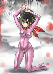 10s 1girl asuka_(senran_kagura) black_hair blush bodysuit breasts brown_eyes covered_navel female_focus hair_ribbon high_heels highres large_breasts looking_at_viewer mochi_mame ponytail ribbon scarf senran_kagura skin_tight smile solo