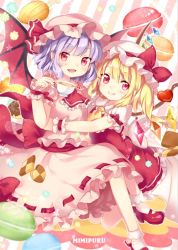 Rule 34 | 2girls, ascot, bat wings, blonde hair, blue hair, candy, checkerboard cookie, cookie, cup, doughnut, dress, fang, flandre scarlet, food, hat, hat ribbon, heart, hug, konpeitou, looking at viewer, macaron, mimi (mimi puru), mob cap, multiple girls, open mouth, pink dress, pink eyes, pointy ears, puffy short sleeves, puffy sleeves, red dress, remilia scarlet, ribbon, sash, short sleeves, siblings, side ponytail, sisters, smile, teacup, touhou, wings, wrist cuffs