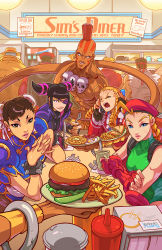 Rule 34 | 4girls, bacon, bald, beret, burger, butter, cammy white, capcom, cellphone, chun-li, dark-skinned female, dark skin, dhalsim, diner, edwin huang, egg (food), english text, eyepatch, food, guile, han juri, hat, highres, jewelry, kanzuki karin, ken masters, ketchup, lettuce, m. bison, multiple girls, mustard, necklace, object on head, onion, phone, pickle, plate, q (street fighter), revision, ryu (street fighter), scar, sitting, skull, skull necklace, street fighter, street fighter v, sunny side up egg, table, tattoo, tomato, udon entertainment, waffle