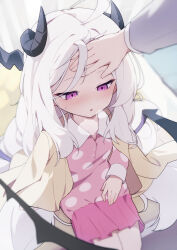 Rule 34 | 1girl, 1other, absurdres, ahoge, black horns, black wings, blue archive, blush, child, demon horns, demon wings, feet out of frame, highres, hina (blue archive), hina (pajamas) (blue archive), horns, jacket, liyom, long hair, multiple horns, official alternate costume, pajamas, parted lips, pink pajamas, polka dot, polka dot pajamas, purple eyes, solo focus, white hair, wings, yellow jacket