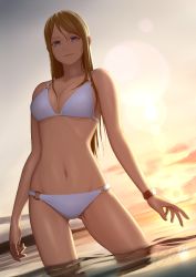 Rule 34 | 10s, 1girl, alternate hairstyle, ayase eli, bikini, blonde hair, blue eyes, bon nob, bracelet, breasts, cleavage, dutch angle, gradient background, hair down, jewelry, lens flare, long hair, looking at viewer, love live!, love live! school idol project, md5 mismatch, navel, o-ring, o-ring bikini, o-ring bottom, o-ring top, ocean, partially submerged, smile, solo, sunset, swimsuit, wading, water, white bikini