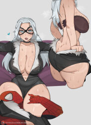 Rule 34 | 1boy, 1girl, ass, black cat (marvel), blue eyes, bob (bobtheneet), breasts, butt crack, curvy, highres, large breasts, marvel, mask, spider-man (series), sweat, thick thighs, thighs, white hair, wide hips