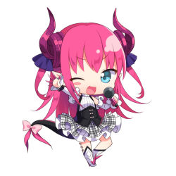 Rule 34 | 10s, 1girl, ;d, arm up, blush, blush stickers, boots, bow, chibi, corset, curled horns, detached sleeves, dragon tail, elizabeth bathory (fate), elizabeth bathory (fate/extra ccc), elizabeth bathory (second ascension) (fate), fate/extra, fate/extra ccc, fate (series), full body, grey skirt, holding, holding microphone, horns, knee boots, layered skirt, long hair, long sleeves, looking at viewer, microphone, nanohana kohina, one eye closed, open mouth, pink bow, plaid, plaid skirt, pointy ears, skirt, smile, solo, standing, tail, tail bow, tail ornament, two side up, v-shaped eyebrows, very long hair, white footwear